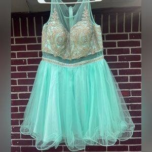 Teal and gold short dress, mesh back and belt line